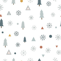 Obraz premium Winter seamless pattern, Christmas trees and snowflakes, festive background, geometric shapes, white
