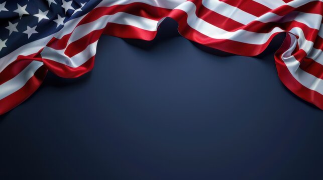 Draped american flag over navy background for independence day poster banner and patriotic presentation layout. Memorial Day. Constitution Day of USA. Horizontal banner. Copy space