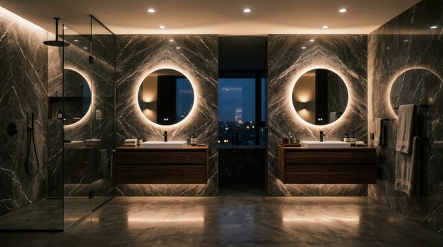 Modern luxury bathroom interior with double vanity, marble walls and city view