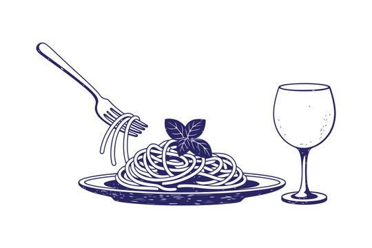Blue line of spaghetti being twirled with a fork and wine glass