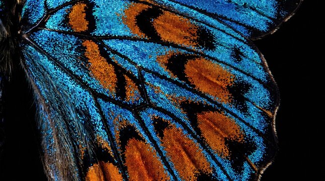 Close-up of butterfly wing showing intricate blue and orange patterns. Detailed insect scale structure in macro view. Natural beauty and wildlife photography concept for nature illustration