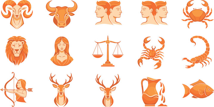 Zodiac Symbols Collection in Orange Gradient Style with Astrology Signs and Mythical Icons Set Isolated on White Background for Horoscope Design