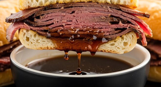 Delicious roast beef sandwich dipped in rich savory au jus sauce. beef dip sandwich
