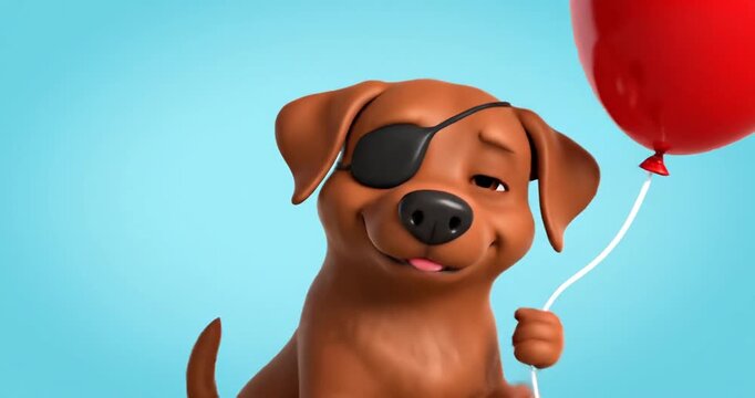 Playful cartoon dog with an eye patch holding a red balloon against a light blue background