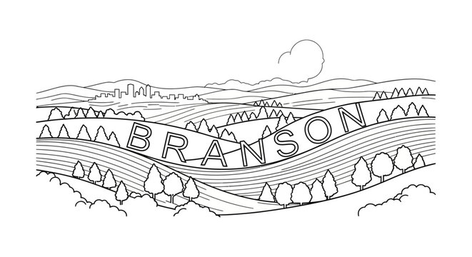A serene landscape illustration of rolling hills and mountains under a moonlit sky with the word Branson prominently displayed