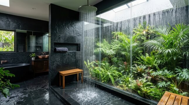 Luxurious modern bathroom with indoor tropical garden and rain shower