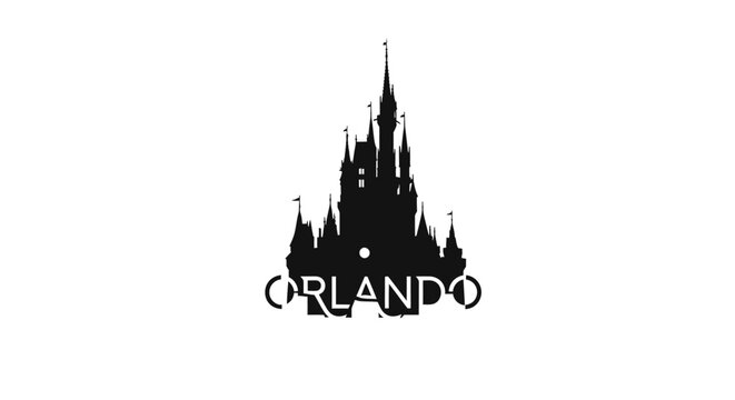 A silhouette illustration of Cinderella's castle appears above the city name in Orlando.