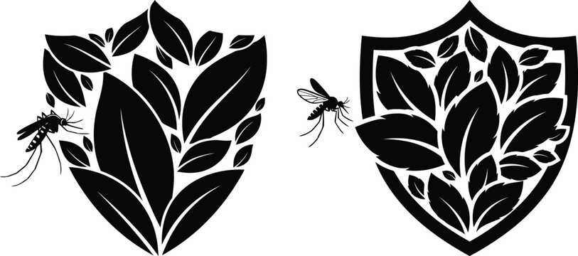 Natural mosquito repellent concept logo featuring a shield with leaves and an insect