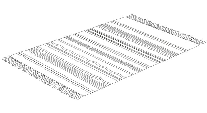 Simple black and white line drawing of a rectangular woven rug with decorative fringes and horizontal wave patterns.