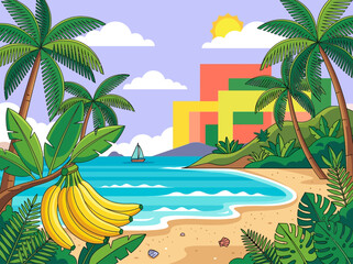 Naklejka premium Colorful Cartoon Tropical Beach Illustration with Palm Trees, Bananas, and Sailboat under a Sunny Sky - Summer Paradise Landscape Vector