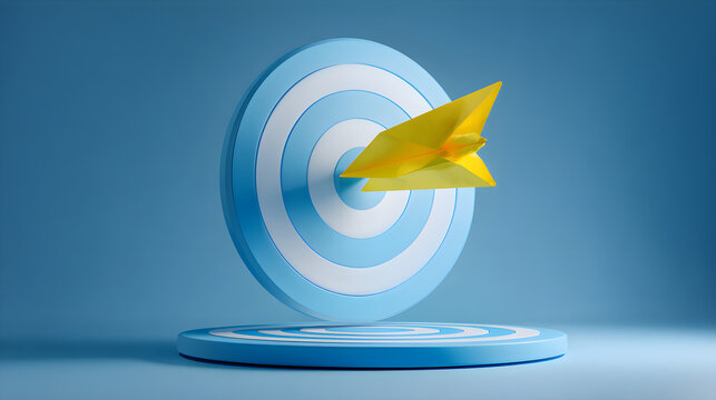 Bright yellow origami airplane hits blue target bullseye perfectly in 3d rendering