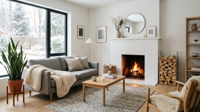 Cozy modern living room interior with fireplace and large window in winter