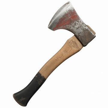 Single hand axe with a weathered metal blade and a wooden handle on a white background