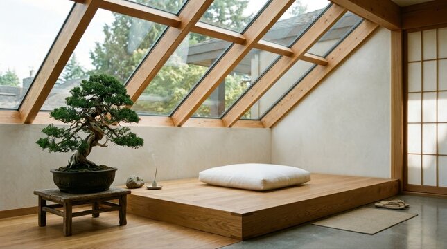 Minimalist zen meditation room with bonsai tree, wooden platform, and skylight windows