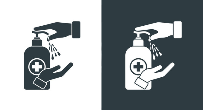 Minimalist vector illustration showing a hand sanitizer dispenser icon for medical hygiene and health safety protocols