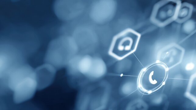 technical support center concept with digital network icons and customer service symbols on blue technology background
