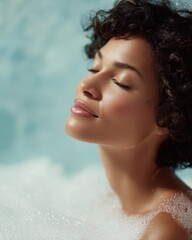 Naklejka premium relaxed woman with curly hair covered in frothy bubbles, eyes closed in bliss, soft blue backdrop spa mood