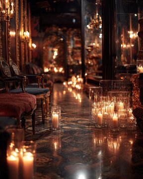 Luxurious Baroque Interior with Lit Candles on Polished Floor
