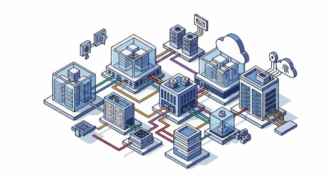 Isometric digital network of server racks and data centers.