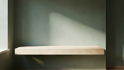 Obraz premium minimalist wooden shelf with soft natural light in modern interior