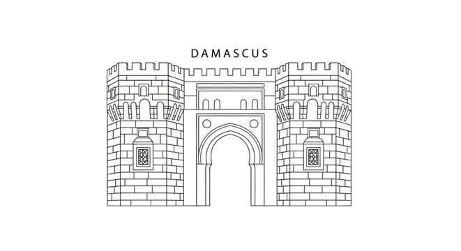 Line Art of a Historic City Gate in Damascus With Crenellations