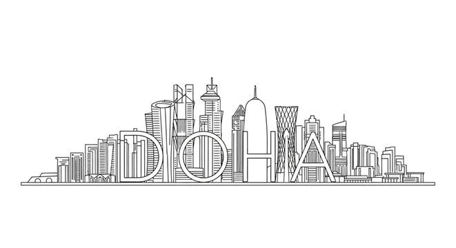 Doha Skyline in Black and White Line Art