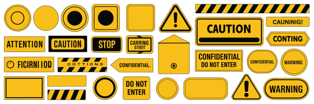 Caution frames warning borders and attention label templates for industrial safety signs, construction posters, and alert symbol vector banner icons