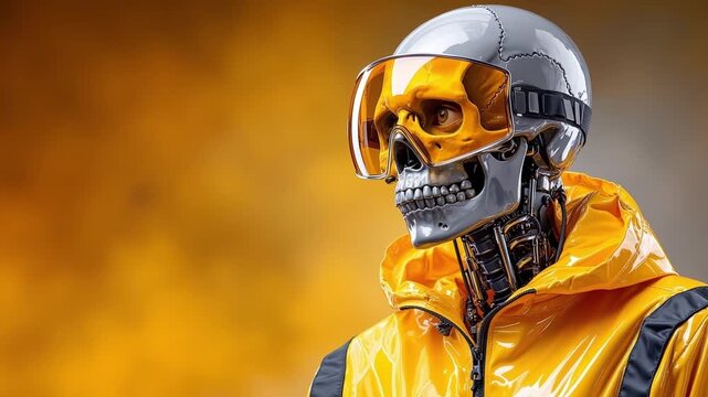 Cybernetic Humanoid Robot In Yellow Gear Looking Away On Warm Smoky Background.