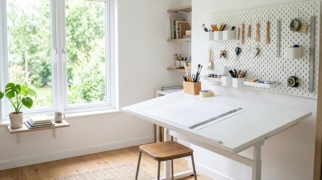 Modern minimalist home office workspace with drafting table and pegboard organizer