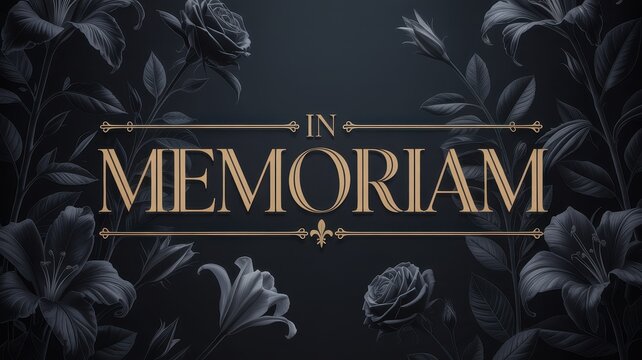 Elegant In Memoriam typography design with golden text and black floral background featuring roses and lilies