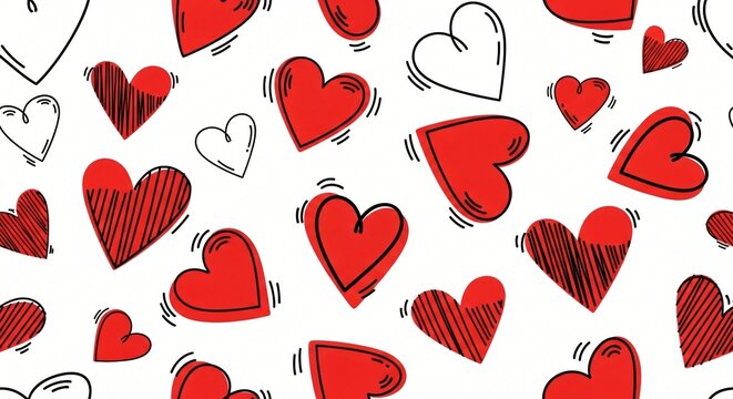 Hand-drawn red and white heart pattern seamless background Valentine's Day doodle art