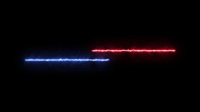 Red and blue neon electric energy beams glowing on black background