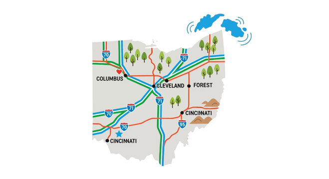 Ohio Map Illustration with Highways and Cities, Copy Space