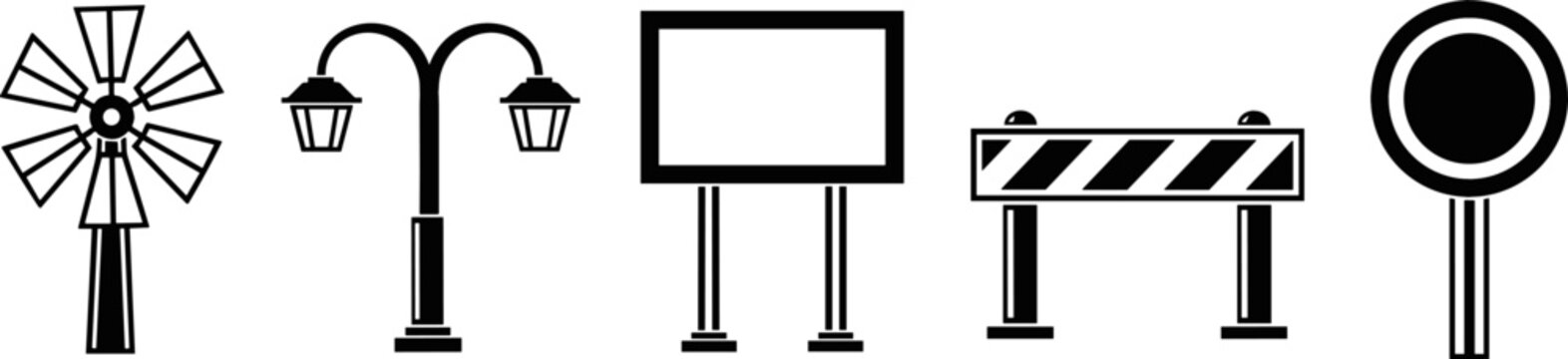 Vector Set of Outdoor Icons Featuring Windmill, Lamp Post, Signboard, and Barrier for Infrastructure and Urban Design Graphics.