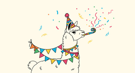 Fototapeta premium Cute white llama wearing a party hat and blowing a colorful party horn with confetti and festive bunting decoration in the background.
