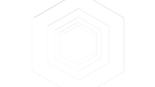 White hexagon tunnel frame with clean geometric outlines, minimal perspective, an d bright empty center. for modern videos, corporate titles, product screens, science visuals, and abstract overlays.