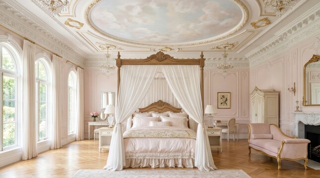 Luxurious french rococo style bedroom with canopy bed and painted cloud ceiling