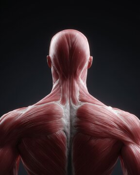 human muscular system back view with highly detailed anatomy, visible muscle groups and structure