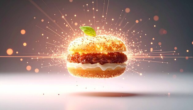 Artistic image featuring a gourmet hamburger seemingly floating in the air with golden light effects and sparkling particles radiating from its center. The top of the burger bun is sprinkled with seeh