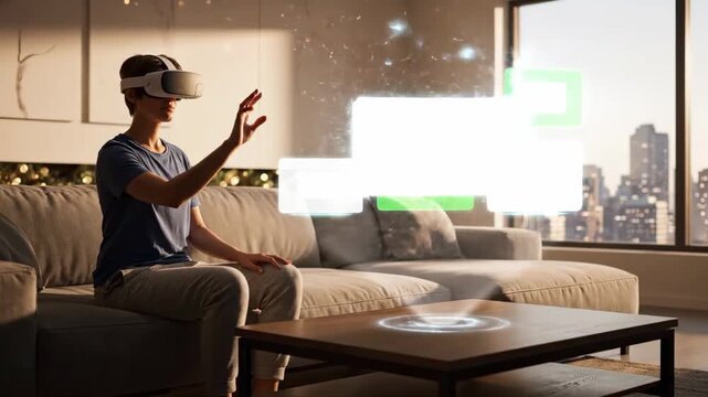 Individual engaged with virtual reality headset while sitting on comfortable sofa. Modern apartment features large windows with city skyline view. Concept of technology, innovation, gaming