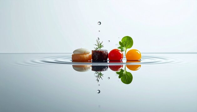 Fine dining artistic composition featuring four gourmet food elements neatly arranged on a calm water surface with subtle ripples. These elements consist of pieces of icr