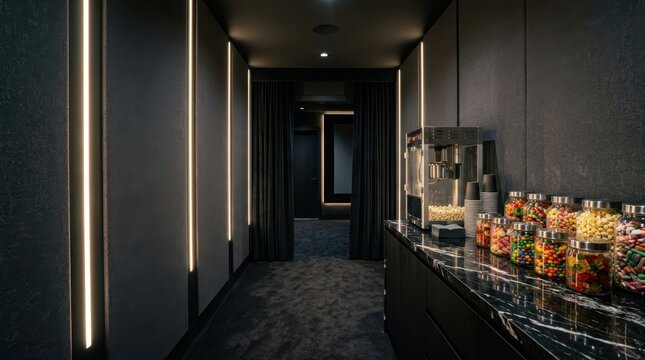Luxury home cinema concession stand with popcorn machine and candy jars