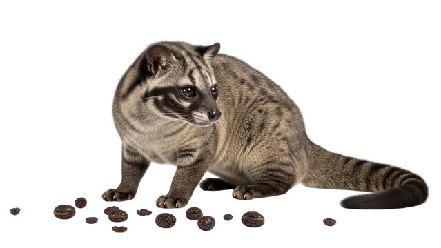Asian palm civet with coffee beans on white background, wild luwak animal for kopi luwak production, exotic Paradoxurus hermaphroditus mammal