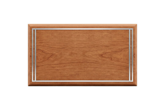 Wooden plaque with silver border top view isolated. Award template.
