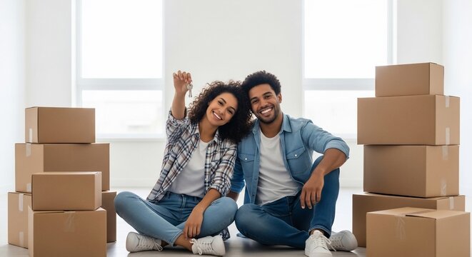 Couple Holding Keys in New Home for Real Estate Marketing