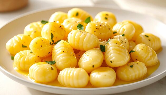 The white plate contains tender potato gnocchi smothered in a glossy yellow butter sauce, sprinkled with crushed black pepper and sliced ​​fresh basil leaves. Soft lighting creates a warm culinary atl