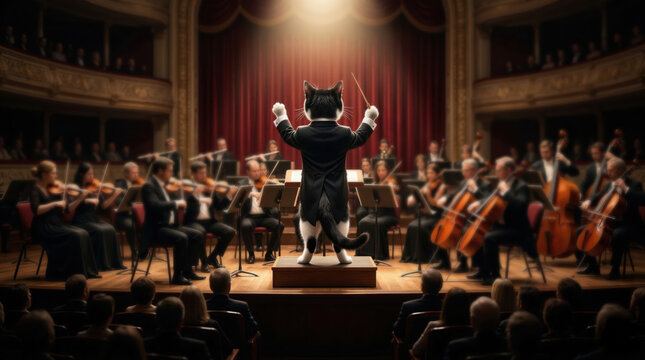 Cat conductor orchestra concert hall classical music tuxedo audience symphony stage fantasy spotlight Cat conductor orchestra concert hall classical music tuxedo audience symphony stage fantasy