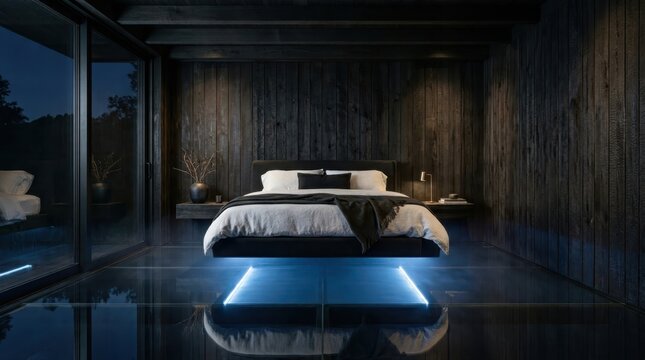 Modern luxury bedroom with floating bed and blue led floor lighting in dark wood interior