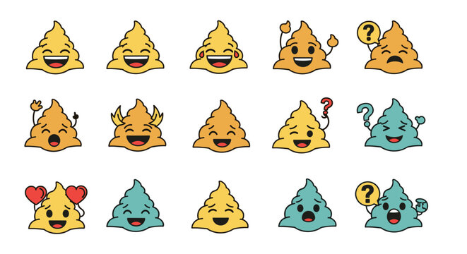 Collection of funny poop emoji characters with different facial expressions including happy, sad, angry, and confused in various colors.