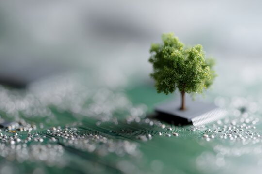 tree growing from computer circuit board representing green computing and eco friendly technology